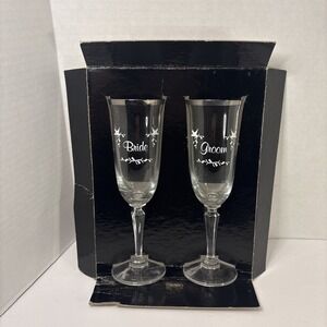 Vintage Wedding Tulip Champagne Glasses Silver Rim Bride & Groom Toasting Set